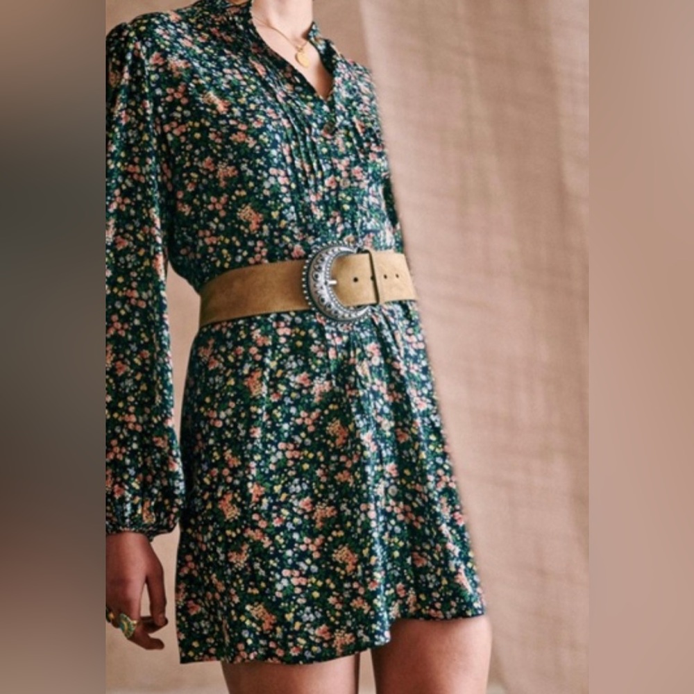 Sezane Dark Green Floral Mini Dress with Striped Waist Sash - Picture 11 of 13